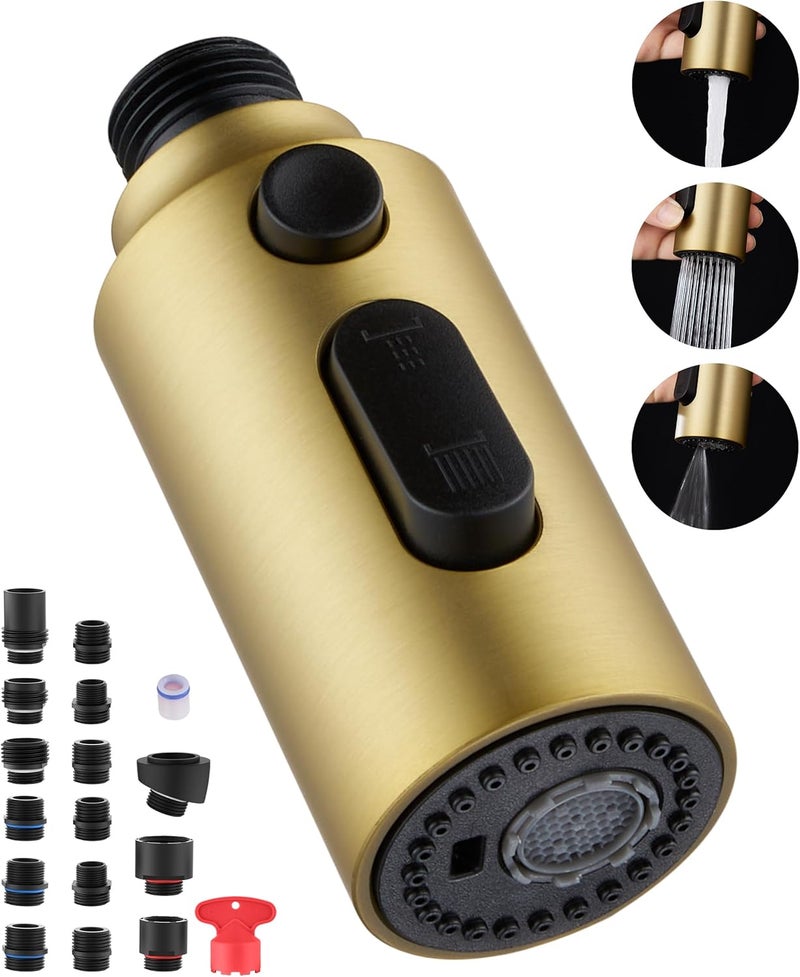 HEISOK Pull Down Spray Head for Kitchen Sink, Replacement with 15 Adapters, 3 Function Pull Out Faucet Sprayer Nozzle, Brushed Gold - Image 1